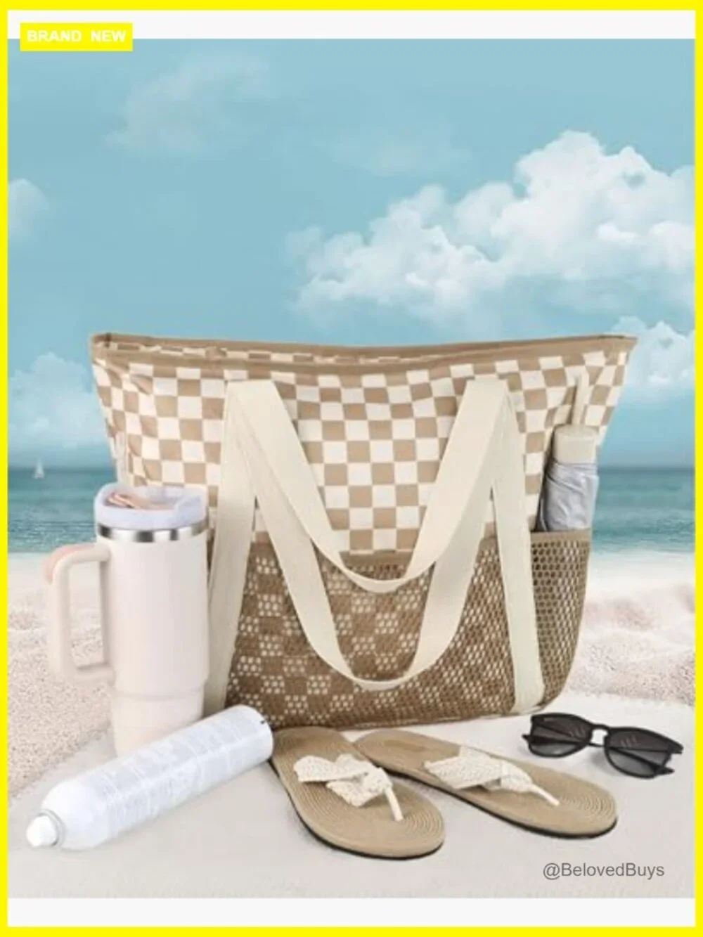 Large Beach Tote Waterproof Sandproof Tote with Zipper and Mesh Pockets